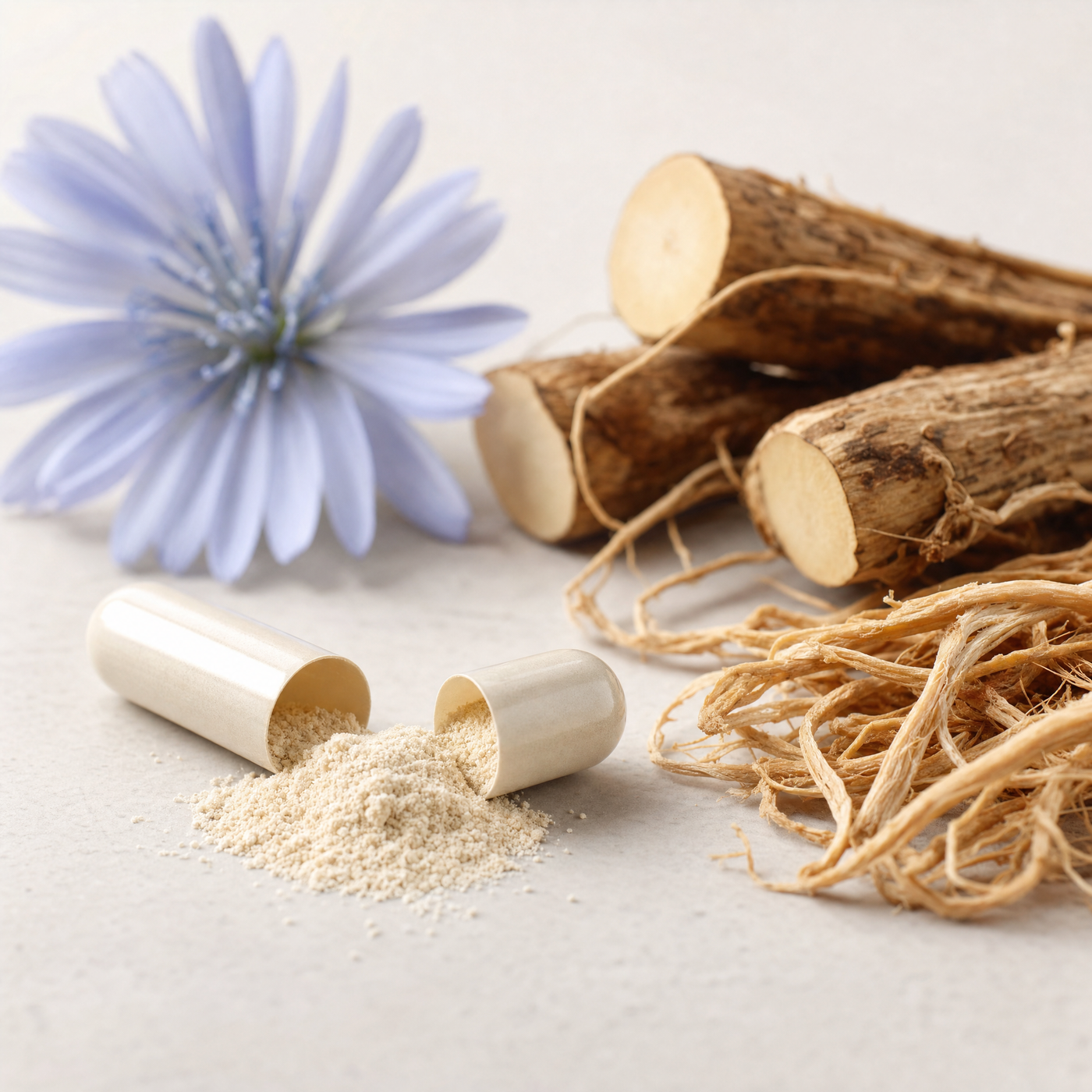 Probiotic capsule and prebiotic root ingredients