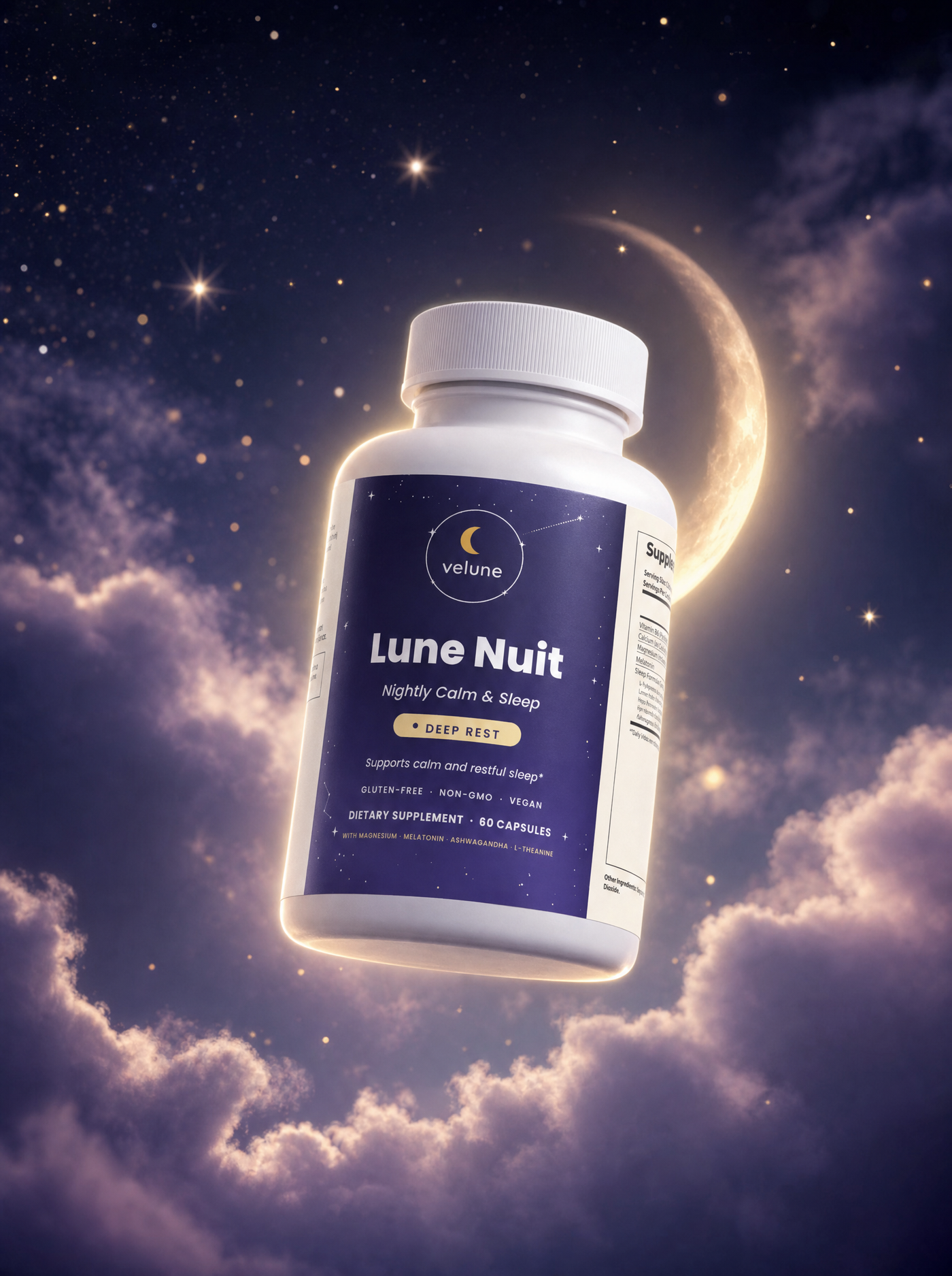 Lune Nuit calming botanicals supplement bottle by Velune – product gallery photo