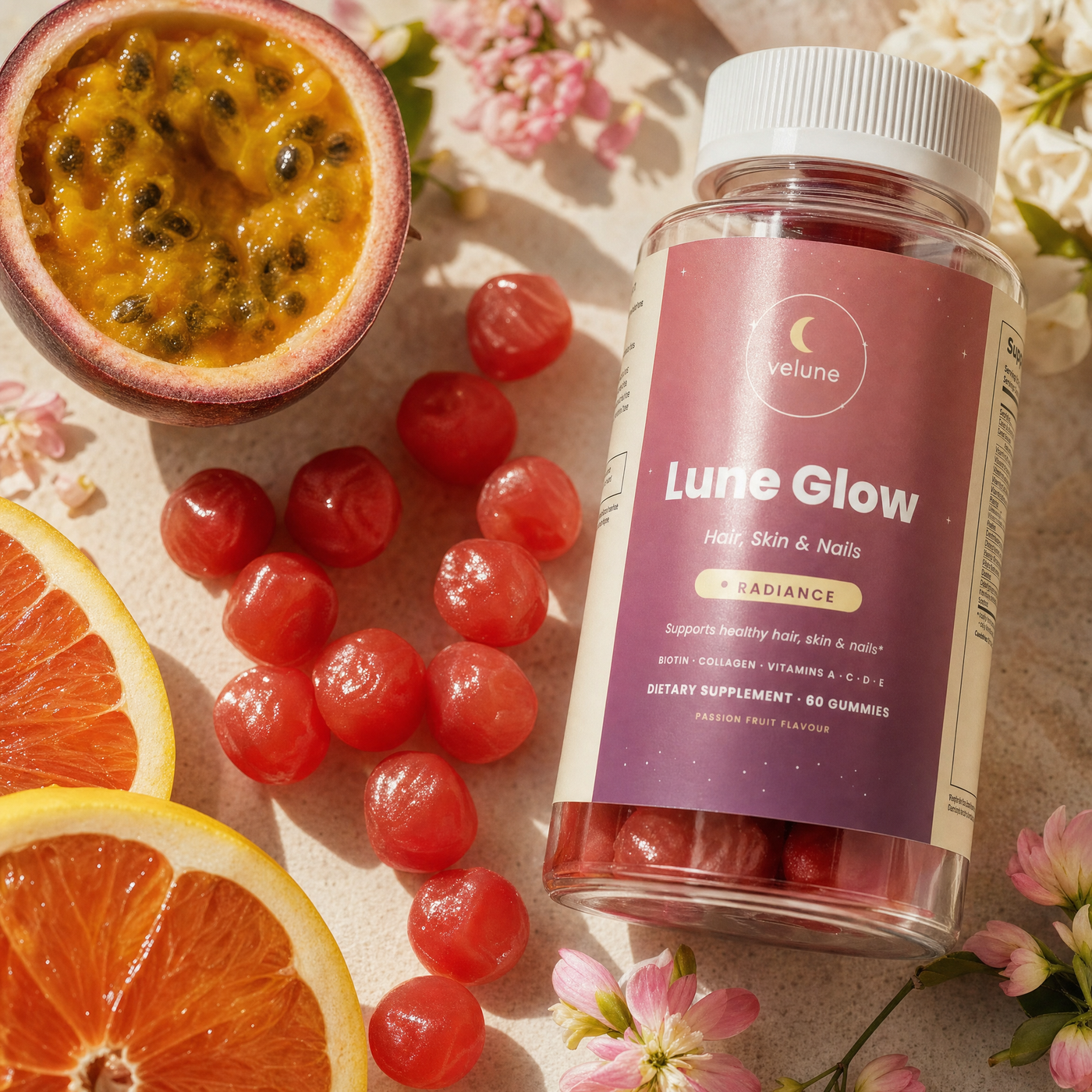 Lune Glow collagen & biotin gummies by Velune – lifestyle photo