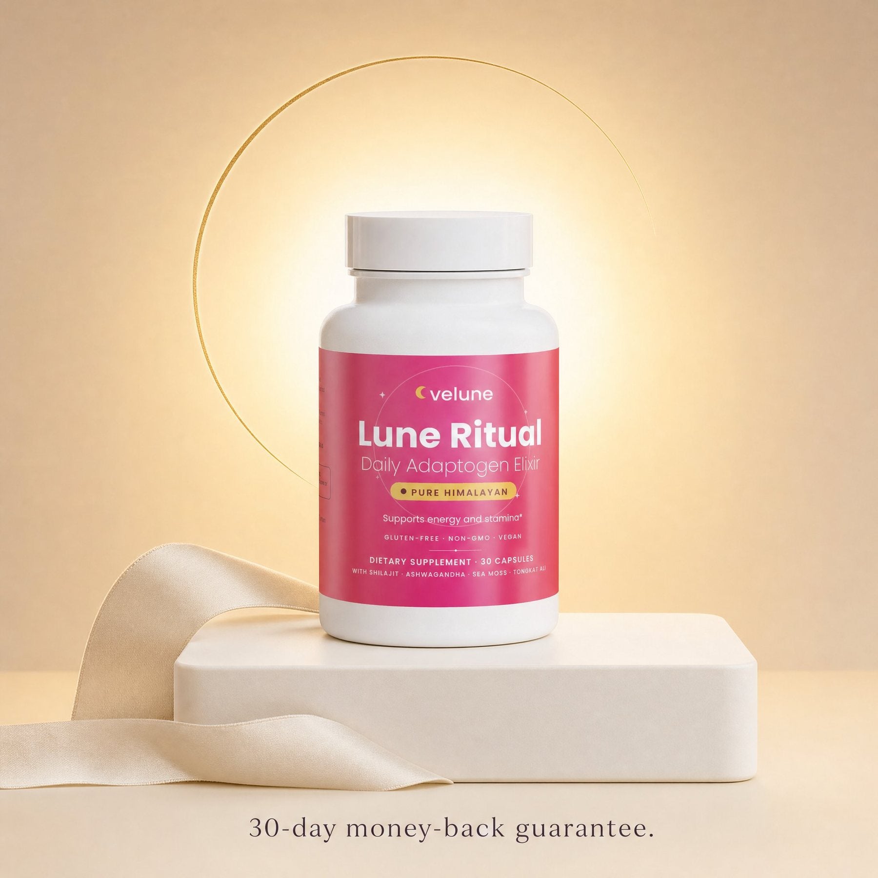 A Velune supplement bottle photographed in soft evening light